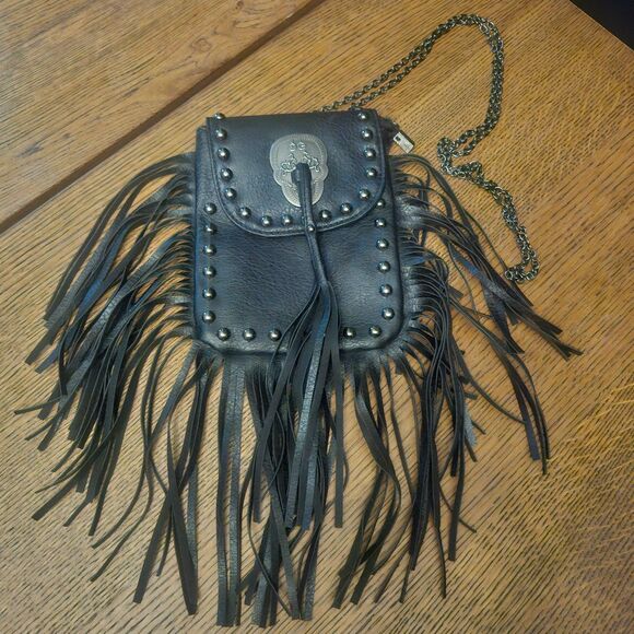 Skull and Fringe Black 7x5.5 Shoulder Crossbody Bag Gothic Punk Western - Picture 1 of 5